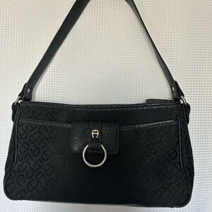 Vintage Etienne Aigner Black Monogram Shoulder Bag:  Logo Fabric & Leather Trim